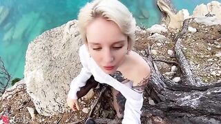 The cute girlfriend passionately sucks her ex-boyfriend’s big dick on the shore