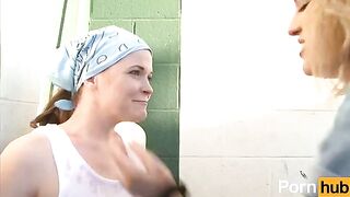 The sexy redhead and her friend are having fun in the garage, exploring their desires