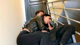 The couple has sex right on the stairs to their apartment