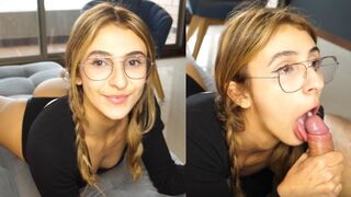 The girl skillfully takes a huge dick into her throat and receives a warm throat pie