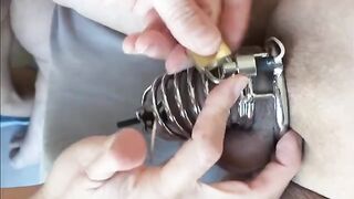 Femdom milking with chastity e-stim and intense prostate stimulation
