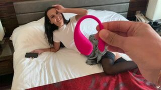 A girl is being controlled by a guy who makes her reach orgasm