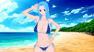A busty woman named Vivi is having sex on the beach in a 3D anime