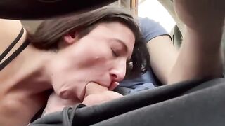 A couple enjoys road head during a real road trip