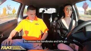 A girl is having fun with her fake driving school teacher in a steamy session