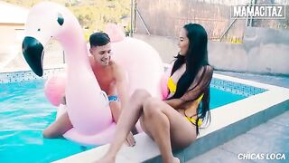 Skinny brunette Andreina Deluxe enjoys sex with a guy in the pool