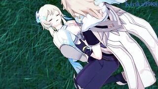 Aether and Lumine have a passionate encounter in the meadow under the stars