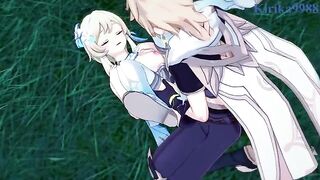 Aether and Lumine have a passionate encounter in the meadow under the stars