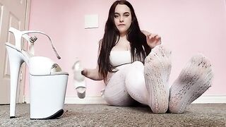 Foot worship with dirty white tights and pleaser heels