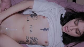 A beautiful girl with a cute face got cum on her pink pussy