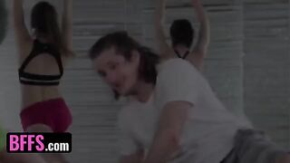 A yoga enthusiast is having fun with his yoga teacher and classmates