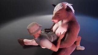 A wild cow in a fursuit gets milk from the ranger