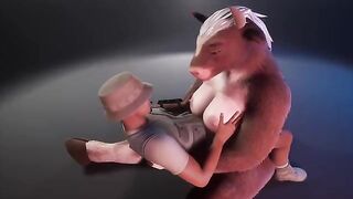 A wild cow in a fursuit gets milk from the ranger