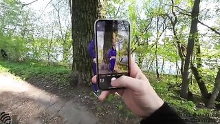A guy masturbates outdoors and a girl swallows his cum
