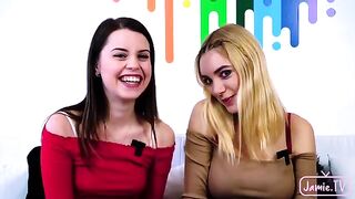 Two cute girls share a big cock in an intense threesome
