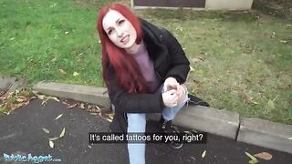 Redhead Brit shows off pierced tits for cash in Public Agent scene