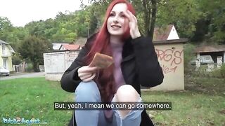 Redhead Brit shows off pierced tits for cash in Public Agent scene