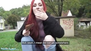 Redhead Brit shows off pierced tits for cash in Public Agent scene