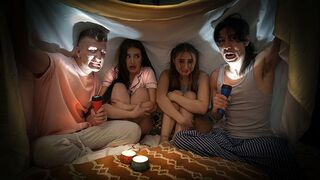 Two naughty boys scared and fucked Aubrey and Penelope in a spooky story swap