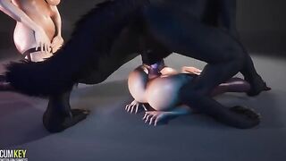 Appetizing girls are having fun with a werewolf in this captivating 3D animation