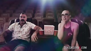 The man is alone in the cinema with a busty brunette