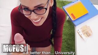 Nerdy Jordi fucks petite babe Andreina DeLuxe for money in steamy MOFOS scene
