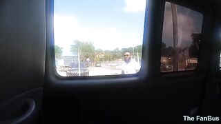 Queen Rogue's big ass Latina MILF rides a big black cock on a fan bus