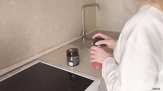 Appetizing girl has sex right on the table in the kitchen