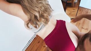 He grabbed my pants to love me. Wow, the cum on tits!