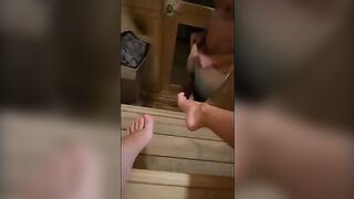 This guy masturbates while in sauna... I saw him and deepthroated him until he came