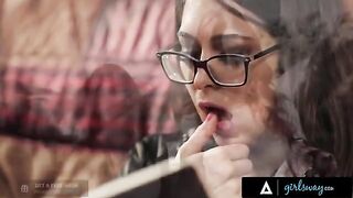 An investigator, inspired by the petite and adventurous Riley Reid, rubs her pussy imagining missing girls in a fantasy scene