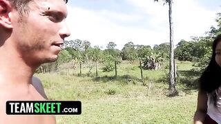 Worker got fucked by gorgeous ebony babe Adrian Maya in the garden
