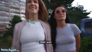 Lucky agent gets a blowjob from two sexy Czech babes in public