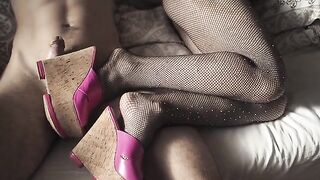 A girl in sexy high heels and pantyhose is ready to get fucked hard