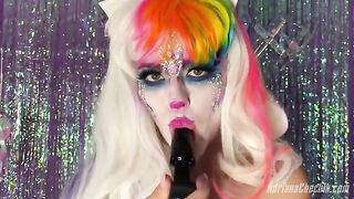 Adriana Chechik Halloween opulence with a rainbow dildo, showcasing her fearless performances