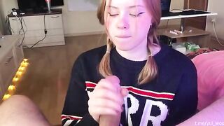 A student with a pigtail gently sucks and loves to get cum on her tongue