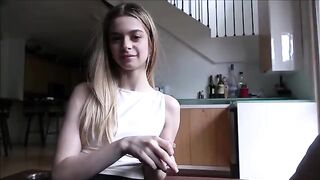 The tiny stepdaughter practices sex with her stepfather using her mouth and body