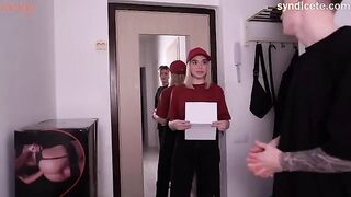 The delivery girl is not always a boy, sometimes she can be a stunning brunette