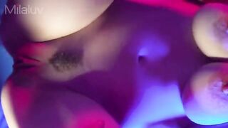 A close-up shot shows cum flowing into a wet pussy