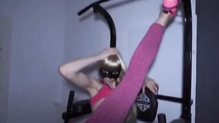 Fitness girl gets her pussy and ass smashed by two cocks in the gym
