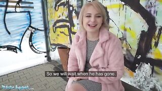 Short-haired blonde teen picked up at the bus stop for cash by Public Agent