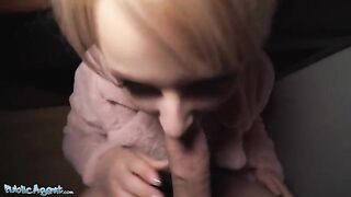 Short-haired blonde teen picked up at the bus stop for cash by Public Agent