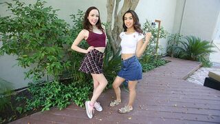 Step daughters Aliya Brynn and Jackie Rogen get fucked and cum swapped