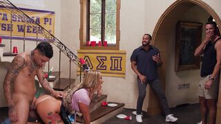 Busty milf housekeeper gets fucked by college frat in rough gangbang