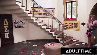 Busty milf housekeeper gets fucked by college frat in rough gangbang