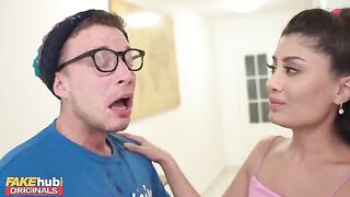 Hot Indian British model licks the cum off dork's glasses after he cums on his face