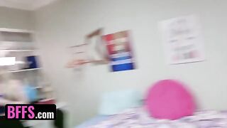 Two roommates' cocks shared by hot college girls in steamy orgy