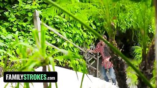 Naughty teens Kiara Cole and Gianna Gem get caught painting their tits on 4th of July