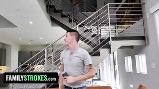 The girl with huge natural boobs Sarah Bella fucks her two stepbrothers