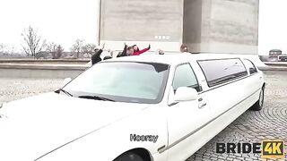 The bride is having a secret fun in the car before getting married